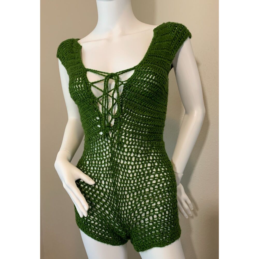 Green Crochet Lace Up Romper Handmade Boho Festival Playsuit